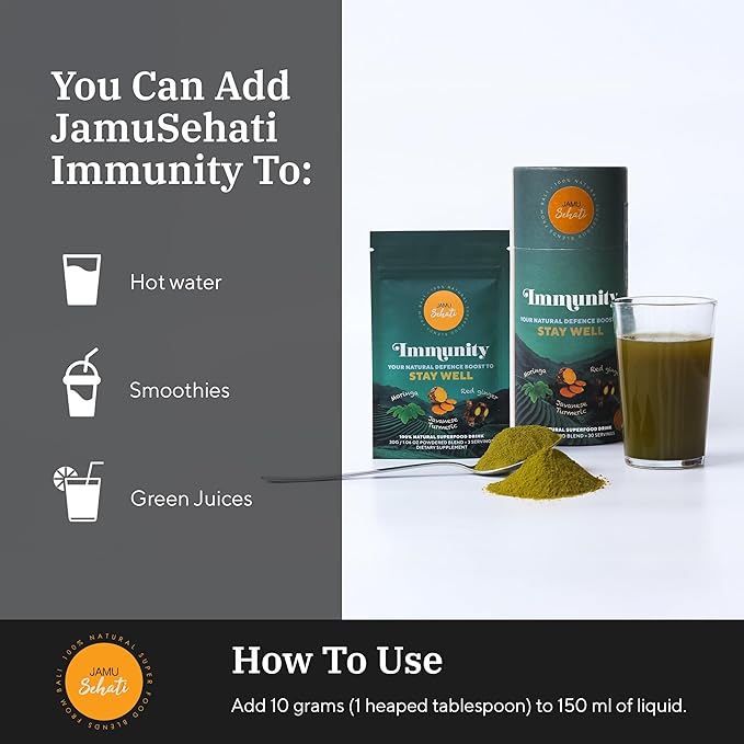 JAMUSEHATI Immunity, Natural Superfoods Blend from Bali, Containing Javanese Turmeric, Red Ginger, Moringa and Matcha, Cylinder (300g)