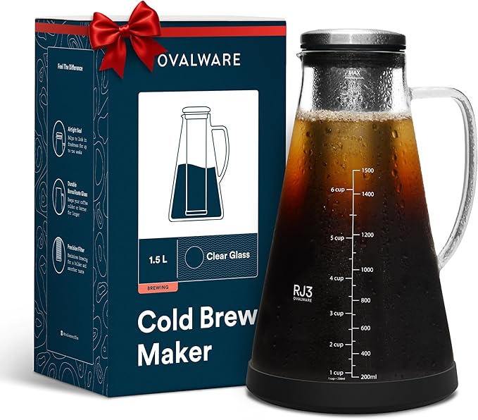 OVALWARE Airtight Cold Brew Iced Coffee Maker Pitcher (& Iced Tea Maker) with Spout – 1.5L/ 51oz Brewing Glass Carafe with Removable Stainless Steel Filter