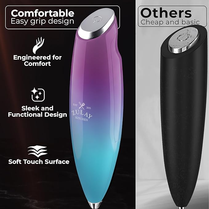 Zulay Kitchen Patented Tornado Triple Whisk Milk Frother with 4 Duracell Batteries – Handheld Foam Maker for Coffee, Lattes, Matcha & Hot Chocolate – Rich, Creamy Froth in Seconds