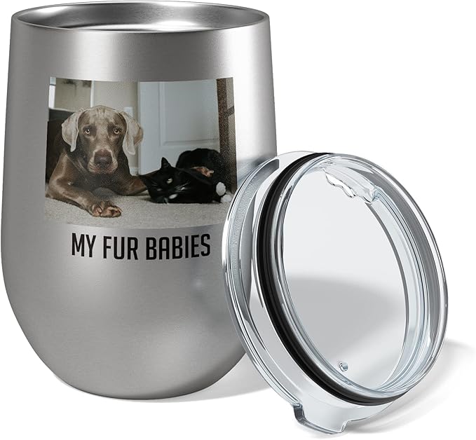 Personalized 12oz (17 Colors) Photo Picture Printed Insulated Stainless Powder Coated Stemless Wine Tumbler with Lid, Customized Gift Idea Women Her, Custom Coach Gifts Team Mom Dad (Stainless Steel)