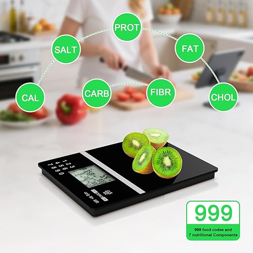 5000g Smart Nutrition Scale, Kitchen Scale with Food Code, Food Scale for Meal Prep, Portion Control, Baking, Weight Loss, 4 Units, Tare Function, Batteries Included