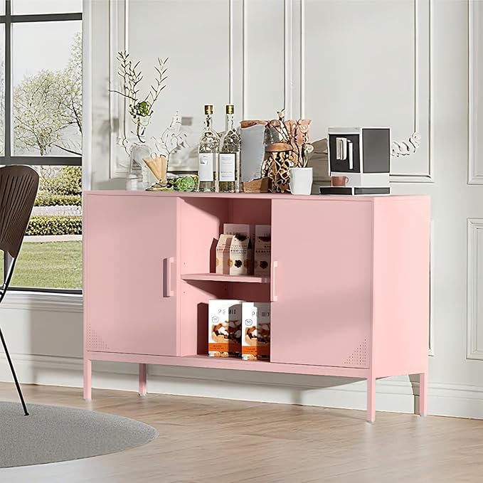 Metal TV Cabinet with Doors and Shelves Modern Metal Storage Cabinet Coffee Bar TV Stand 2 Door Locker for Office Living Room Kitchen (Pink, 47.24" D x 13.78" W x 29.53" H)