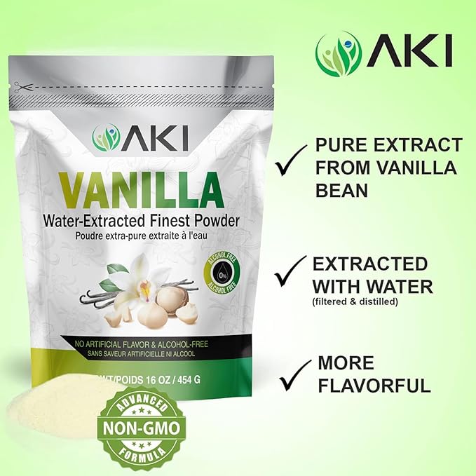 AKI Vanilla Extract Powder from Authentic Beans for Delicious Flavoring, Cooking, Baking, Drinks, Tea, Coffee, Smoothies, Cocktails - Sugar-Free & Alcohol-Free (454g/1lb)