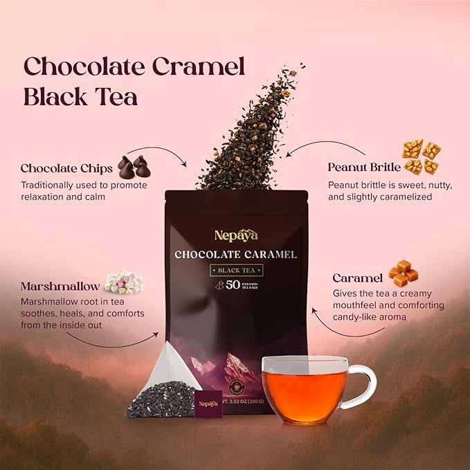 Chocolate Caramel Black Tea Bags, Dessert Inspired Blend with Caramel, Strawberry, Marshmallow & Cocoa – 50 Biodegradable Pyramid Bags, Individually Wrapped Black Tea with Strawberry Flavor