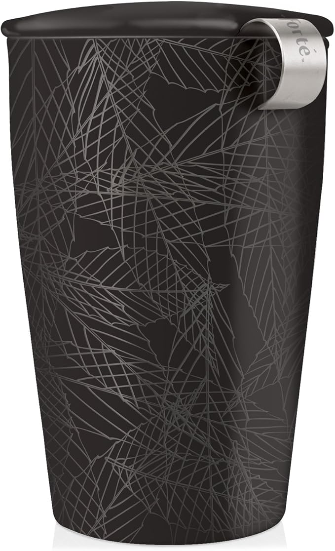 Tea Forte Double-Walled Ceramic Kati Cup, Removable Stainless Steel Infuser Basket and Lid, Steeps 12 oz Loose Leaf Tea, Dishwasher & Microwave Safe, Noir