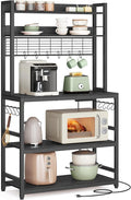 VASAGLE Bakers Rack with Power Outlet, Microwave Stand, Kitchen Tall Utility Storage Shelf, with Metal Wire Panel, 14 Hooks, 15.7 x 31.5 x 66.9 Inches, Charcoal Gray and Ink Black UKKS025B22