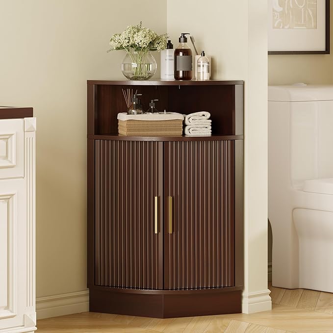 Corner Bathroom Cabinet, Modern Small Corner Cabinet with Fluted Door and Open Shelf, Space Saver for Bathroom, Living Room, Kitchen, Brown