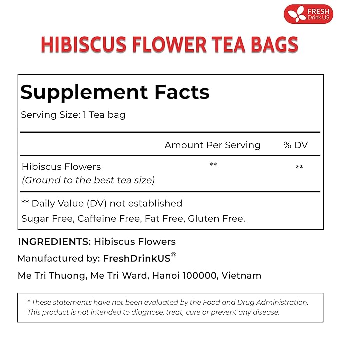 FreshDrinkUS, Premium 30 Hibiscus Flowers Tea Bags, 100% Natural & Pure from Hibiscus Flowers. Loose Flower Herbal Tea. No Sugar, No Caffeine, No Gluten, Vegan.