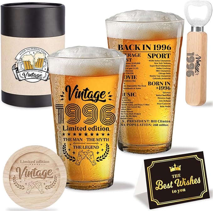 Funny 30 Year Old Birthday Gifts for Men Vintage 1996 Beer Drinking Glass Happy Anniversary 30th Birthday Party Decorations for Him 30th Birthday Gifts for Men Friend