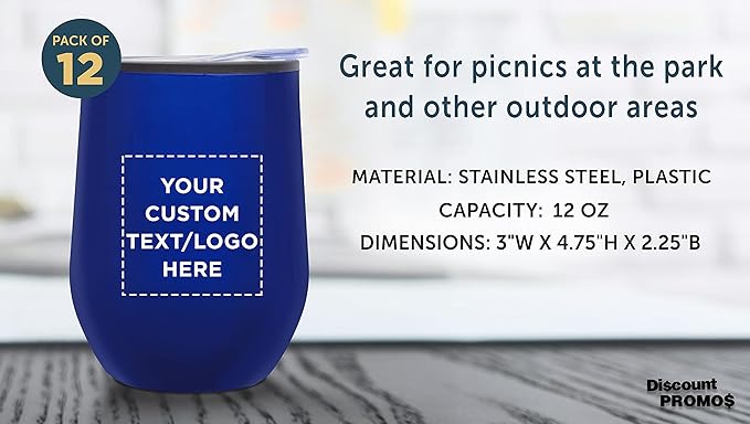 Custom Stemless Wine Tumblers 12 oz. Set of 12, Personalized Bulk Pack - Insulated, Perfect for Wine, Cocktails, Other Hot & Cold Beverages - Blue