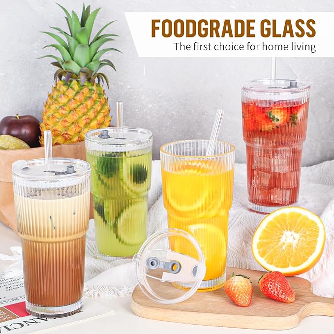 20 Oz Glass Cups with Lid and Straw 2 Set, Glass Tumbler with Straw and Lid, Vintage Glassware for Whiskey Cocktail Beer, Iced Coffee Cups with Lid (2 PACK)