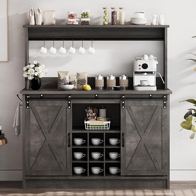 4ever2buy Farmhouse Coffee Bar Cabinet with Hutch, 47 Inch Wine Bar with Storage, Buffet Cabinet with Adjustable Shelves & 9 Wine Racks, Kitchen Buffet Cabinet for Dining Living Room, Grey