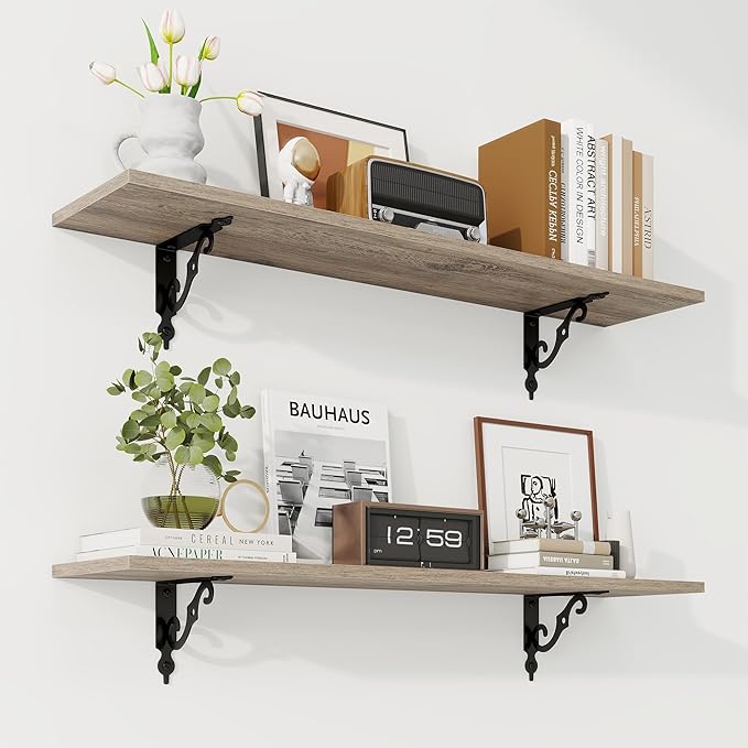 RICHFOCUS Floating Shelves for Wall Decor, 35.4W x 8D Wall Shelves Set of 2, 8 Inch Deep Rustic Wood Shelves Wall Mounted with Brackets, Long Floating Shelves for Living Room Bedroom Kitchen, Grey