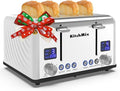 Toaster 4 Slice, KitchMix Bagel Stainless Toaster with LCD Timer, Extra Wide Slots, Dual Screen, Removal Crumb Tray (White)