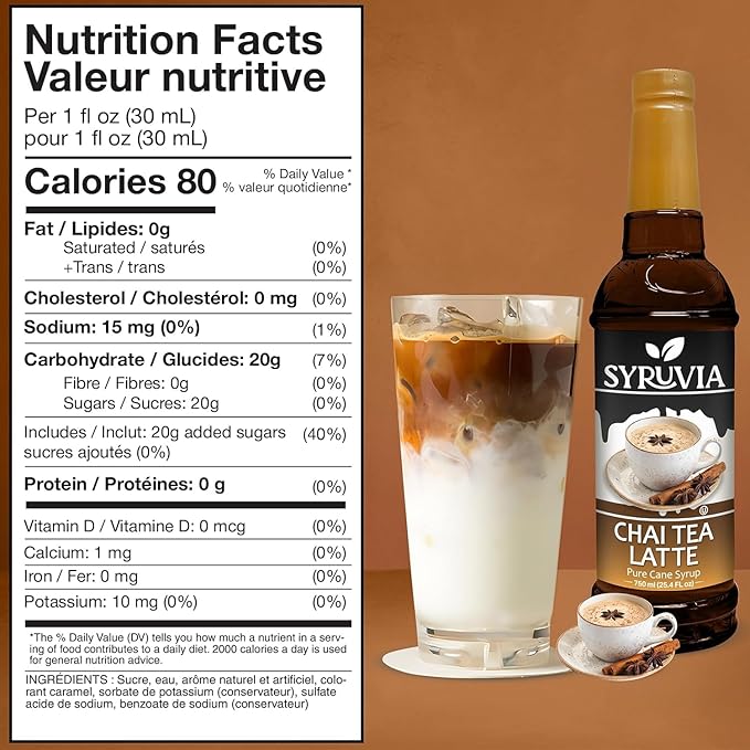 Syruvia Chai Tea Flavored Syrup for Coffee, Drinks, Lattes, and Desserts – 25.4 fl oz,