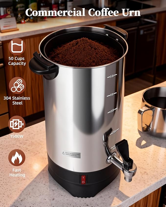 Commercial Coffee Urn, 50 Cup Coffee Maker and Hot Water Urn, 1500W Fast-Brewing Percolator for Business, Parties, Catering, and Large Gatherings (50 Cups)