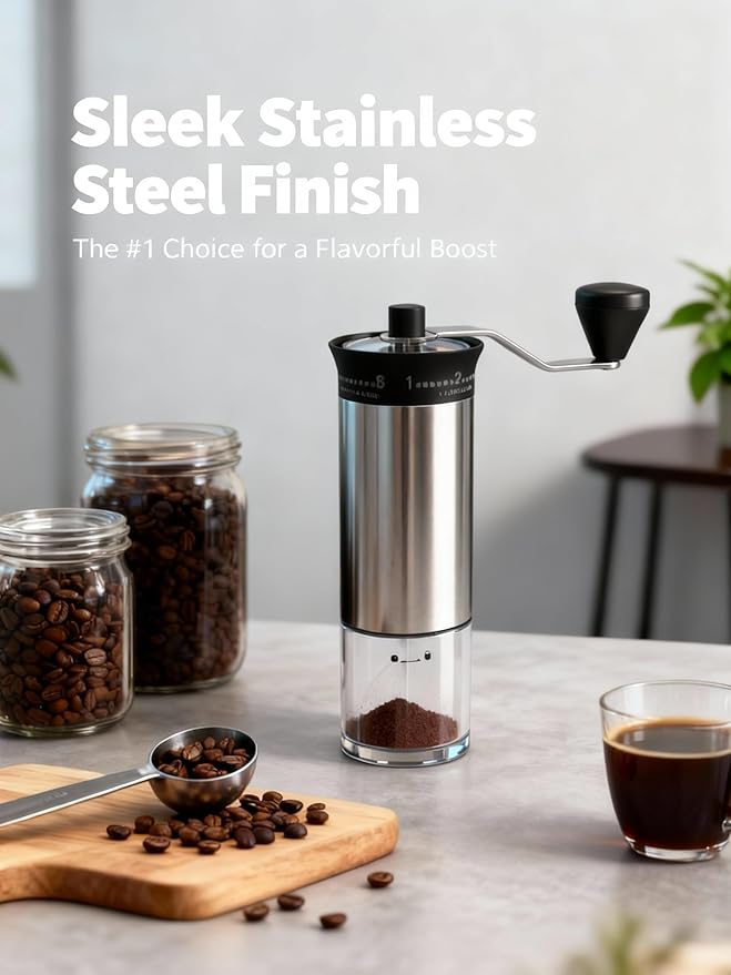 LAMIDO Mini Manual Coffee Grinder, 56 External Adjustable Settings, 30g Capacity, Portable Ceramic Conical Burr Mill with Crank, Single Dose Hand Grinder for Camping, Travel - Stainless Steel Finish