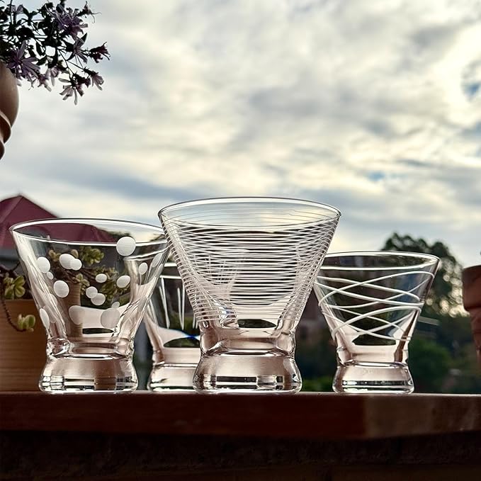 Etched Martini Glasses Set of 4 - Crystal Cocktail Glasses, Stemless Martini Glass for Bar, Martini, Cosmopolitan, Manhattan, Gimlet, Pisco Sour Brandy, Margarita Glasses, Dessert Cups, 8oz