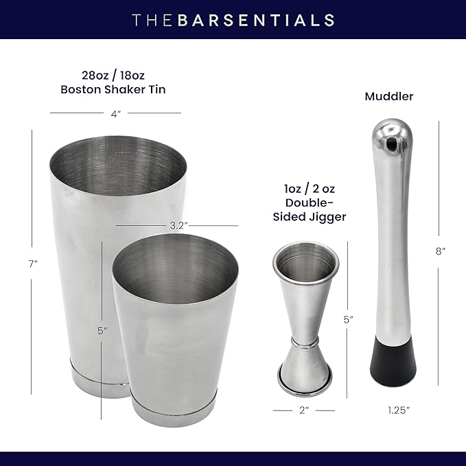 Boston Shaker Set for Cocktails with 28oz and 18oz Weighted Tins, Professional Muddler and Jigger - Stainless Steel Bar Tools (4pc set)