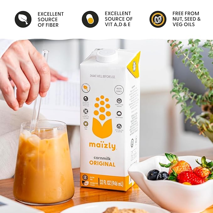 Maizly Original Corn Milk, Plant-Based Drink Made with Non-GMO Ingredients, Less Sugar, Gluten & Dairy-Free Alternative to Whole Milk, Non-Dairy Kosher Drink For Kids & Adults, 32 oz, Shelf Stable Pack of 2