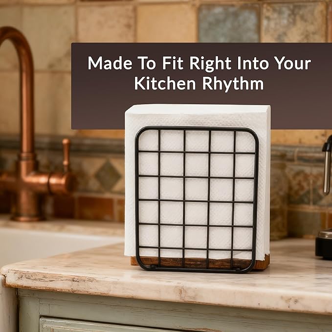 Napkin Holder for Table, Farmhouse Wood Napkins Holder with Rustic Brown Base, Standing Napkin Dispenser for Kitchen Countertop, Dining Room, Restaurant or Cocktail Coffee Bar
