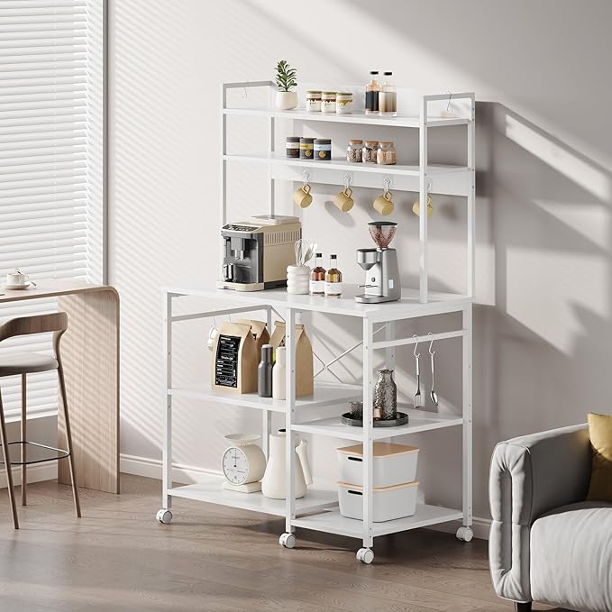 Kitchen Bakers Rack with Storage，Microwave Stand with Wheels，with Adjustable Shelves，Kitchen Shelves，Coffee Bar with 10 S-Shaped Hooks，35.4 * 15.8 * 61 Inches，White