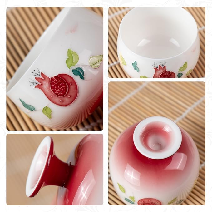 KAMMAK Tea Cup, 3oz Small Tea Cups Set of 2, Gradient Red Porcelain Tea Set for Home, Tea Party, Cute Hand-painted Ceramic Teacups with Short Stem, Chinese Kungfu Tea Set for Hot/Cold Drink