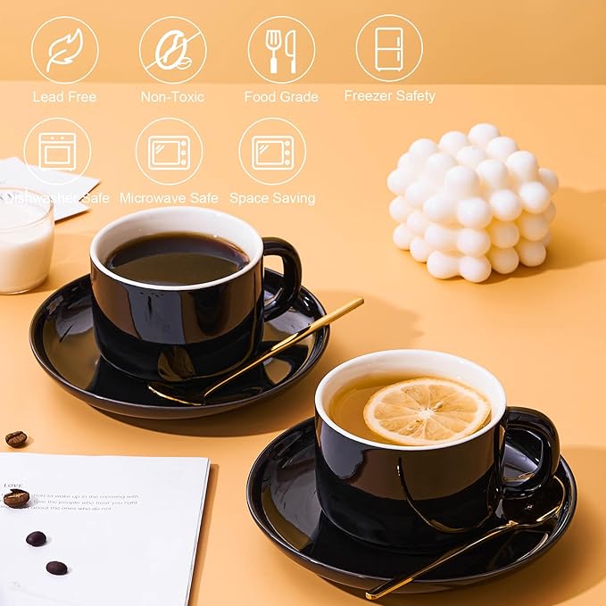 7oz Coffee Cups with Saucers and Gold Spoons - Set of 4 Cappuccino Cup, Black Porcelain Cups Serving for Tea, Latte, Mocha