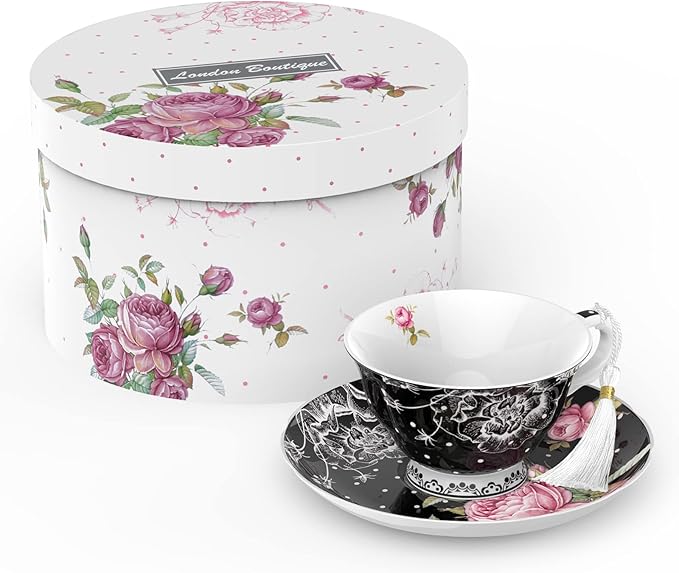 London Boutique Tea Cup and Saucer Set 1 Afternoon Tea Set New Bone China Vintage Flora Gift Box 200m (Black)