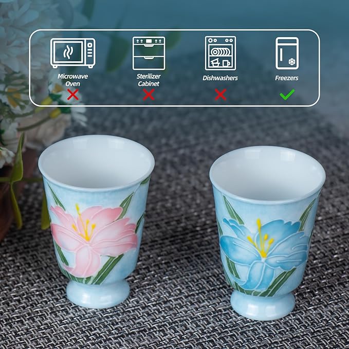 KAMMAK Ceramic Tea Cups Small, Cute Vintage Coffee Cup Set of 2, Porcelain Teacups Espresso Mug, 1.5oz Hand Painted Chinese Afternoon Tea Party Mugs, Birthday Gift for Women Men, Hand-Piled Lily
