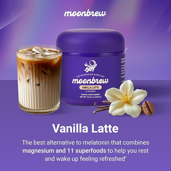 MoonBrew Nighttime Magnesium Vanilla Latte Mix, Natural Sleep Aid Drink Mix for Adults - Calming Melatonin-Free Sleep Support Powder with Magnesium Glycinate, L-Theanine, Chamomile & Zinc