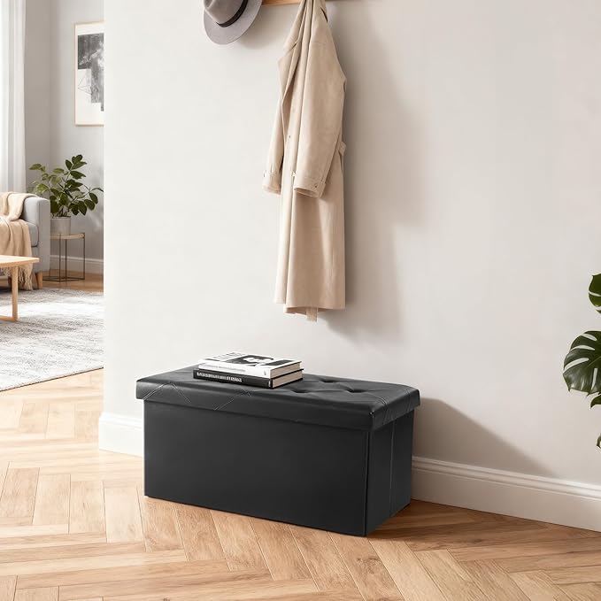 DUMOS Folding Storage Ottoman Bench 30in, Synthetic Leather Foot Rest Stools Ottoman with Storage Chest Footstool for Living Room, Bedroom, Load 660 lb, Vintage Black