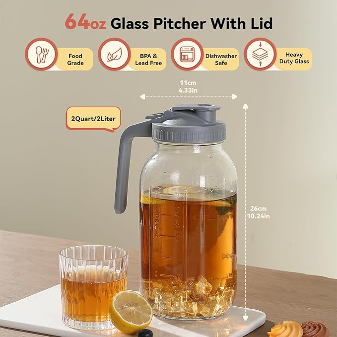 Novelinks 64OZ Glass Pitcher with Lid, Wide Mouth Mason Jar Pitcher, Leak-proof Water Jug for Juice, Milk,iced Coffee Lemonade Tea,2 Pack