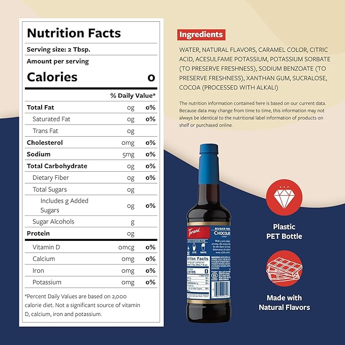 Torani Sugar Free Coffee Syrup, Chocolate Flavored Syrup for Drinks, Zero Calorie, Pump Included, 25.4 Fl Oz