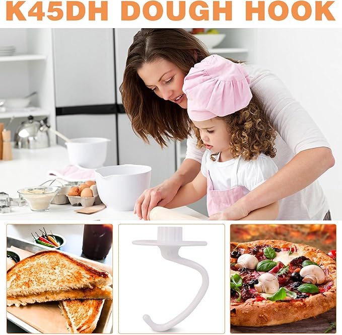 K45DH Coated Dough Hook for Kitchenaid Mixer, Accessories and Attachments for K45 K45SS KSM90 KSM150 Fits Kitchen Aid Tilt-Head Stand Mixer Bowls For 4.5-5 Quart Bowls