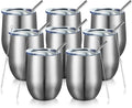 COMOOO 12oz Insulated Wine tumbler with Lid, Stainless Steel Stemless Wine Tumbler Glass,Double Wall Vacuum Wine Tumbler Cups with Straw Coffee, Cocktails,Beer,Champaign Silver, 8 Pack