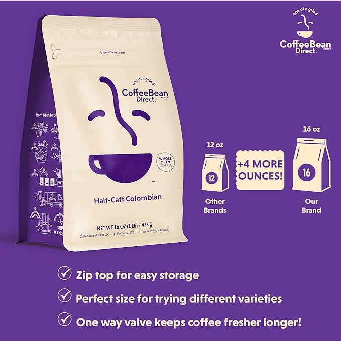 Coffee Bean Direct Half-Caff Colombian, Whole Bean Coffee, Light Roast, 1 Pound Bag (Pack of 1)
