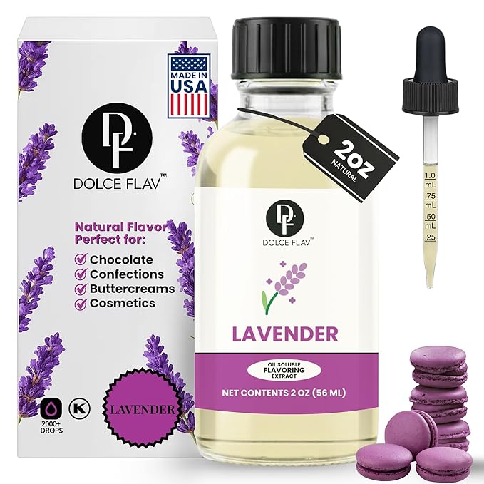 Dolce Flav Natural Lavender Extract – 2 Ounce Oil-Soluble Kosher, Sugar-Free, Concentrated Floral Lavender Flavoring for Baking, Chocolates & Desserts, Includes Measured Dropper