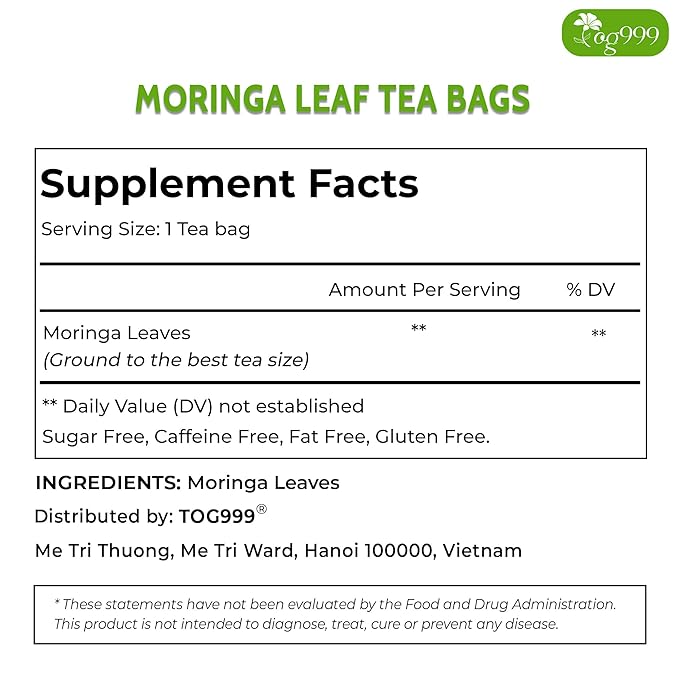 TOG999, Premium 200 Moringa Leaf Tea Bags, 100% Natural & Pure. Loose Leaf Moringa Herbal Tea. No Sugar, No Caffeine, No Gluten, Vegan.