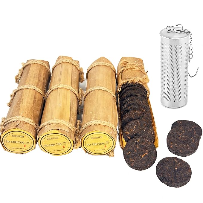 (60Cakes-240Cups) Pu-erh Tea in Bamboo Leaf Tube - Ripe Puerh Tea Cake 21.16 oz/600g And a tea filter，Aged Shou Black Tea