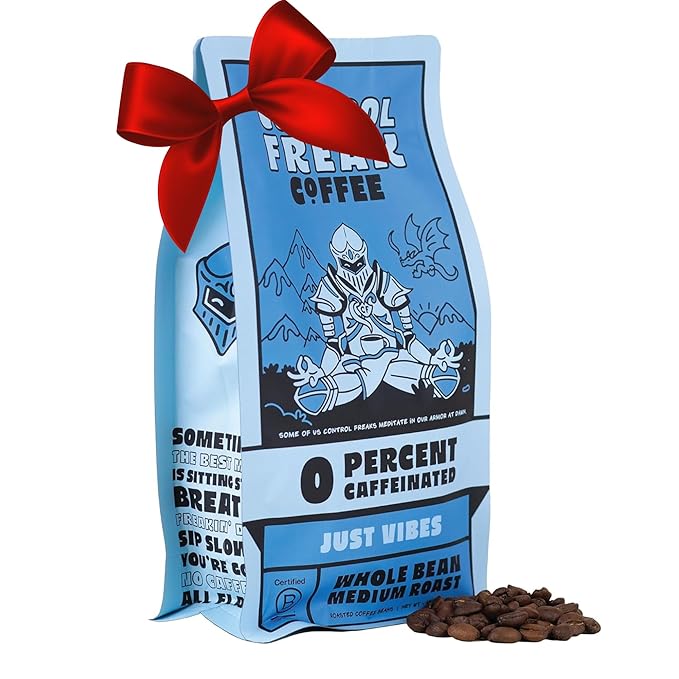 Control Freak Decaf Coffee Just Vibes, 0% Caffeine Whole Bean Coffee (12 Oz) – Fresh Sugarcane Processed Coffee Beans, Chemical-Free Decaffeination, Calm Energy, Full Flavor, No Buzz