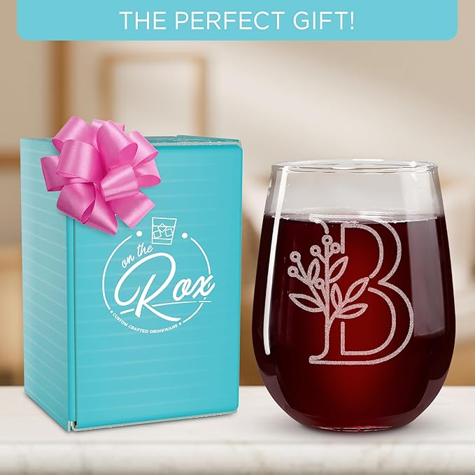 On The Rox Drinks Monogrammed Gifts For Women and Men - Letter A-Z Initial Engraved Monogram Stemless Wine Glass - 17 Oz Personalized Wine Gifts For Women and Men (B)