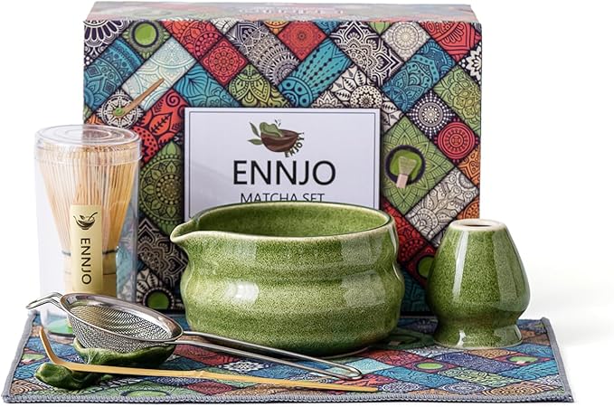 7 Pcs Matcha Kit, Matcha Bowl with Spout, Bamboo Whisk And Scoop, Ceramic Holder And Scoop Rest, Stainless Steel Sifter, Tea Towel. Speckled Green Glaze Matcha Whisk Set for Beginners And Gifting