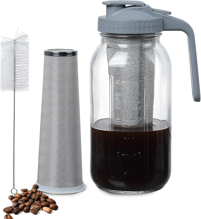 Glass Tea Pitcher with Airtight Lid Leak Proof Mason Jar with Stainless Steel Filter Glass Empty Jar for Water, Tea and Juice (Gray)