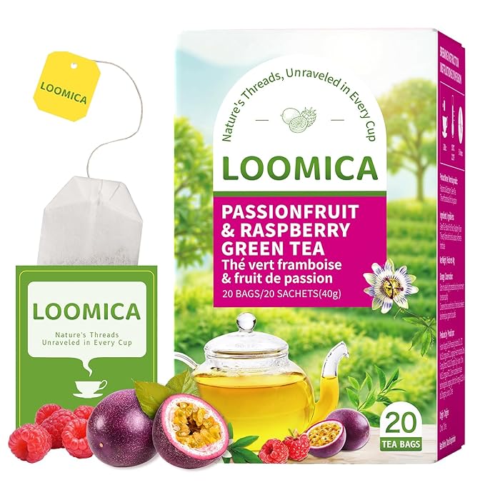 LOOMICA Passionfruit Raspberry Green Tea, Tropical Fruity Blend of Passion Fruit & Raspberry and Green Tea, Refreshing & Tropical, Hot or Iced, Antioxidant-Rich, No Artificial Sugar, 20 Counts