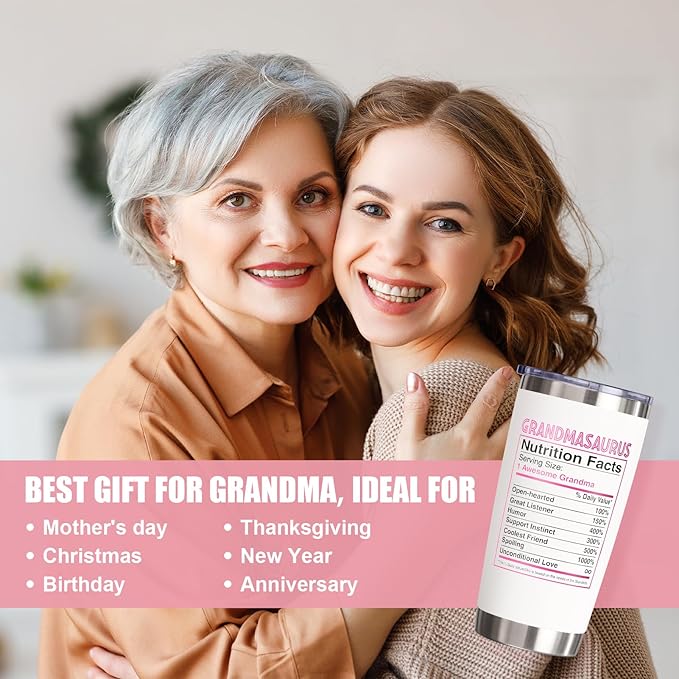 Gifts for Grandma, Christmas Gift from Granddaughter Grandson Grandchildren Grandkid, 20 OZ Tumbler Grandmother Birthday Gift, Grandmasaurus Insulated Cup for New Nana, Grandmother, Nana, Gigi