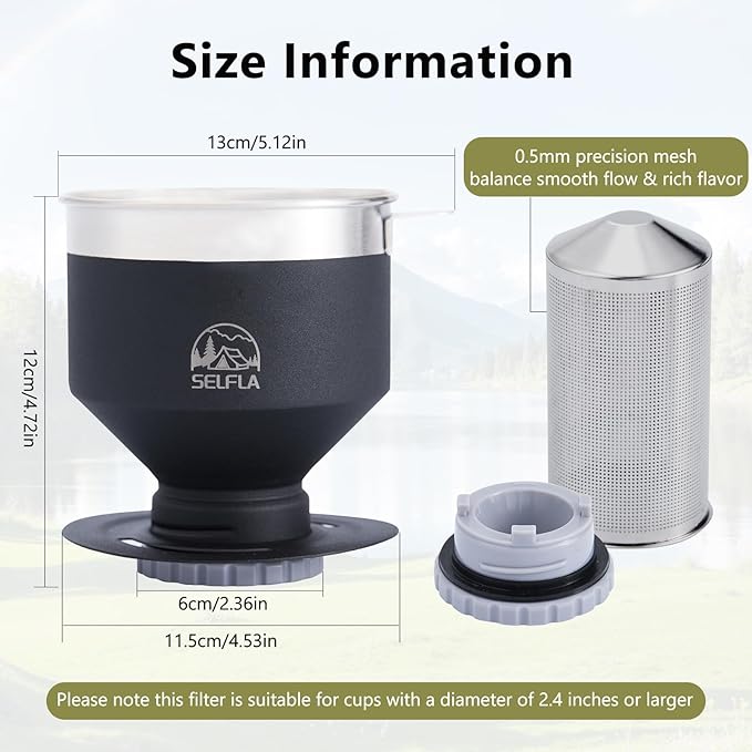 Portable Coffee Filter, Stainless Steel Reusable Dripper for Insulated Mugs, Paperless Coffee Maker for Hiking Camping & Outdoor Adventures, Lightweight Easy Clean & Gift Ready