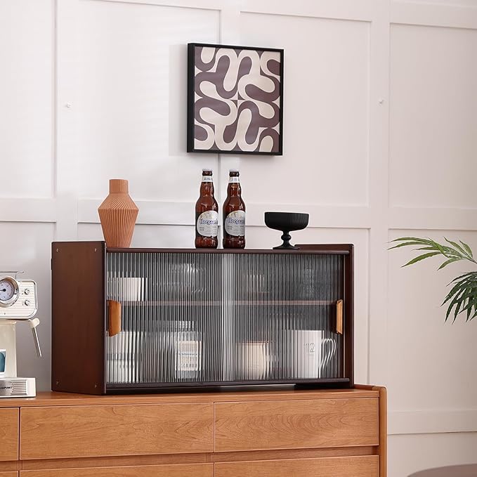 Wall Mounted Bamboo Countertop Storage Cabinet with Glass Door, Hanging Kitchen Cupboard with Adjustable Shelves, Small Pantry Sideboard for Dining Room, Bathroom, Walnut