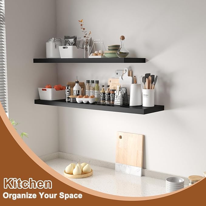 12 Inch Deep Floating Shelves for Wall 3 Pack Floating Shelfs Large Storage Space Wall Decor Display Shelf for Bathroom Living Room Bedroom Kitchen 48" W x 12" D x 1.2" H Black