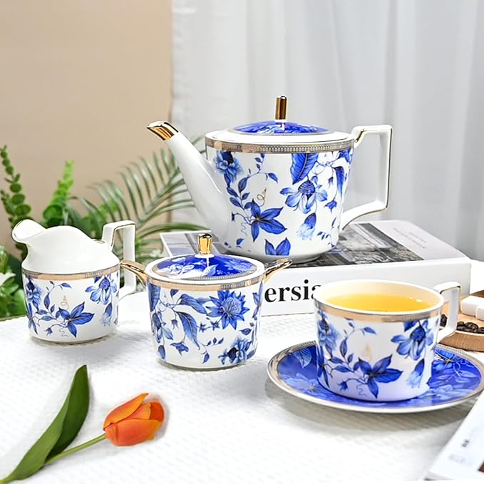 Bone China Tea Cup and Saucer Set, Bone China Coffee Cups and Saucers, Vintage Blue and White TeaCups snd Saucers Gift for Mom Friend Tea Party (dark blue)